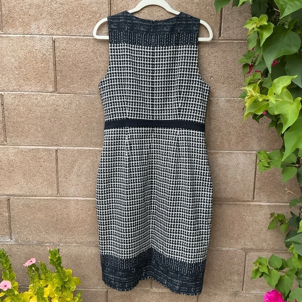 NWOT J. Crew Checkered Tweed Sheath Midi Dress Navy White Size 12T Bodycon Chic